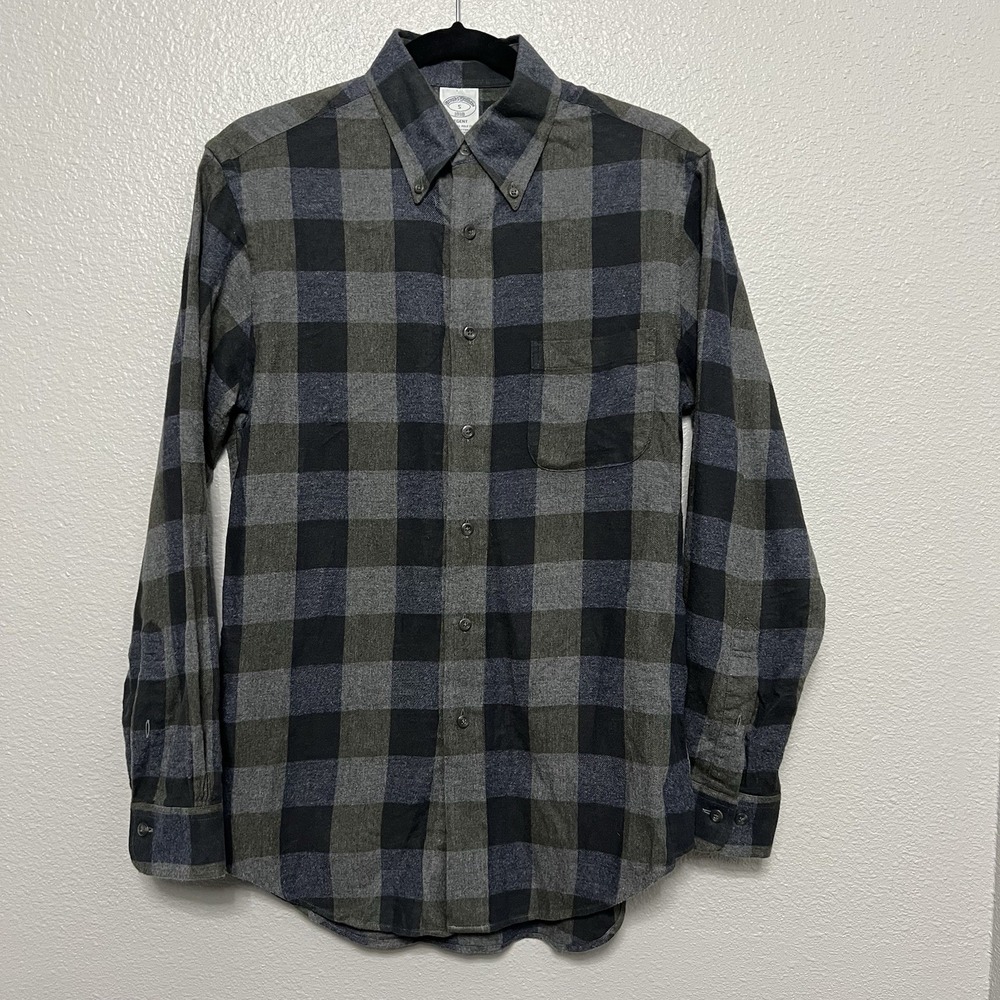 Brooks Brothers 1818‎ Regent Gray Blue Olive Men's S Flannel Long Sleeve Plaid
